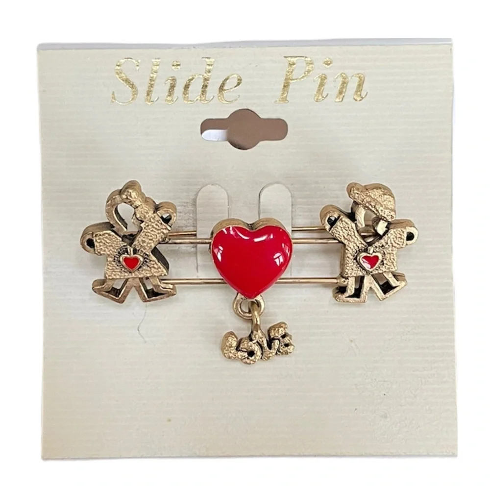 Heart Love Brooch Whimsical Figural Fun Slide Pin Colorful Retro Red Gold Cutout